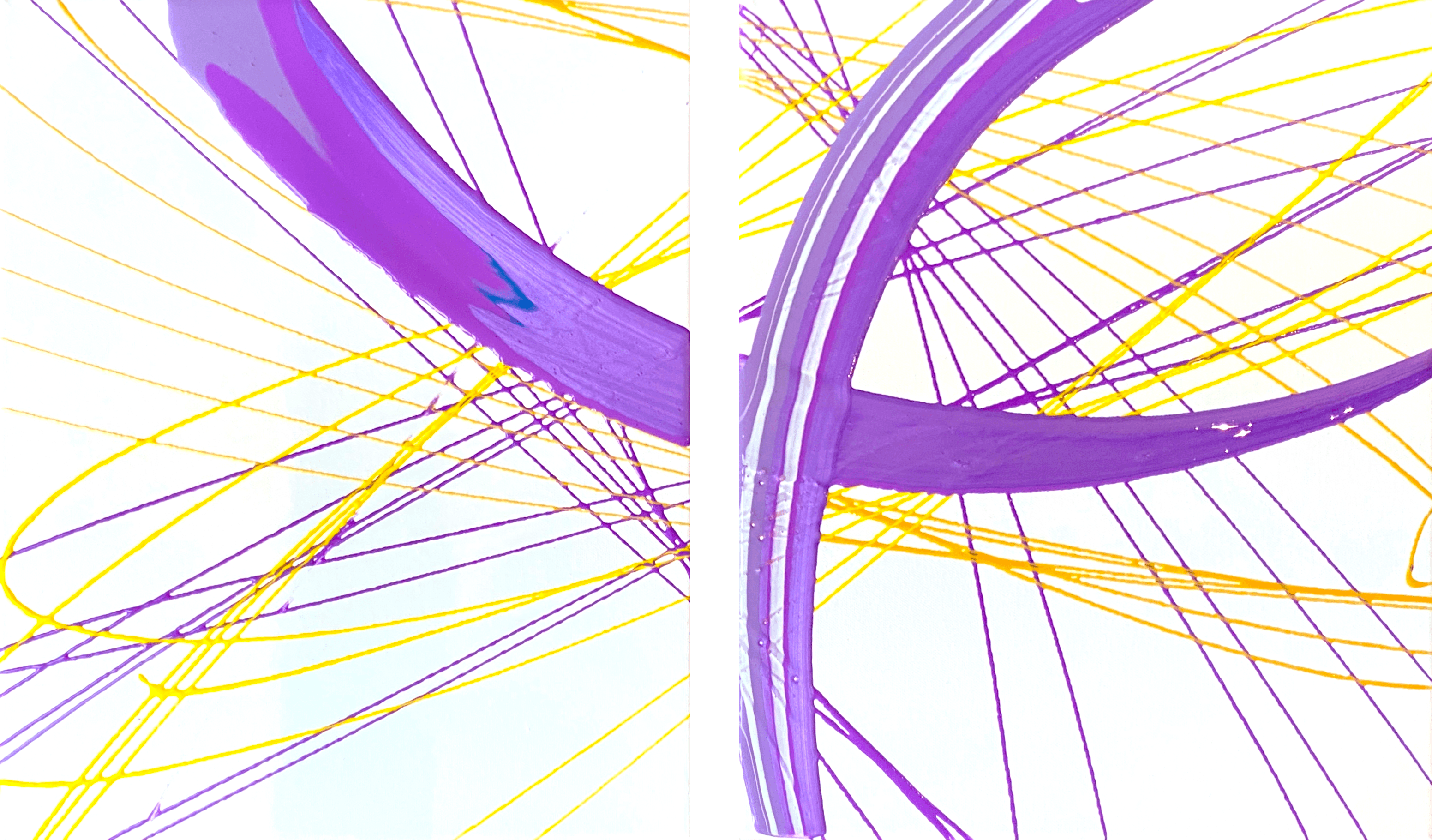 A wide diptych of two white panels split by a black gap, each with a curved purple stroke and thin yellow and purple lines.