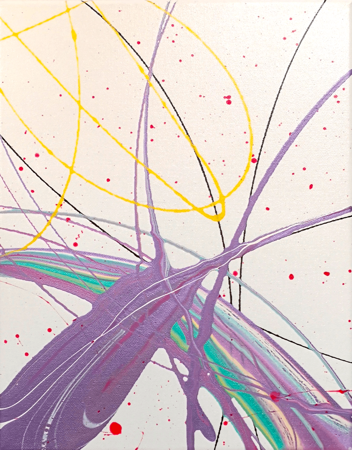 A close-up of a cream canvas covered in looping yellow, black and purple lines, with scattered pink droplets.